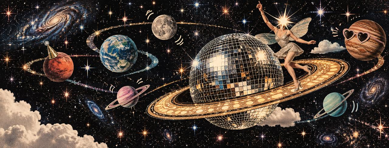 Nàng tiên bên hành tinh cầu disco vàng, giữa các vì sao và hành tinh rực rỡ.